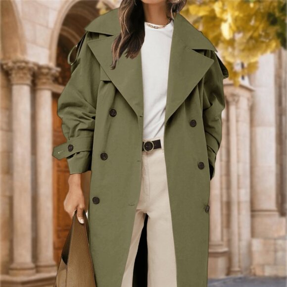 Green Casual Women's Oversized Belted Long Trench Coat - Picture 4 of 5